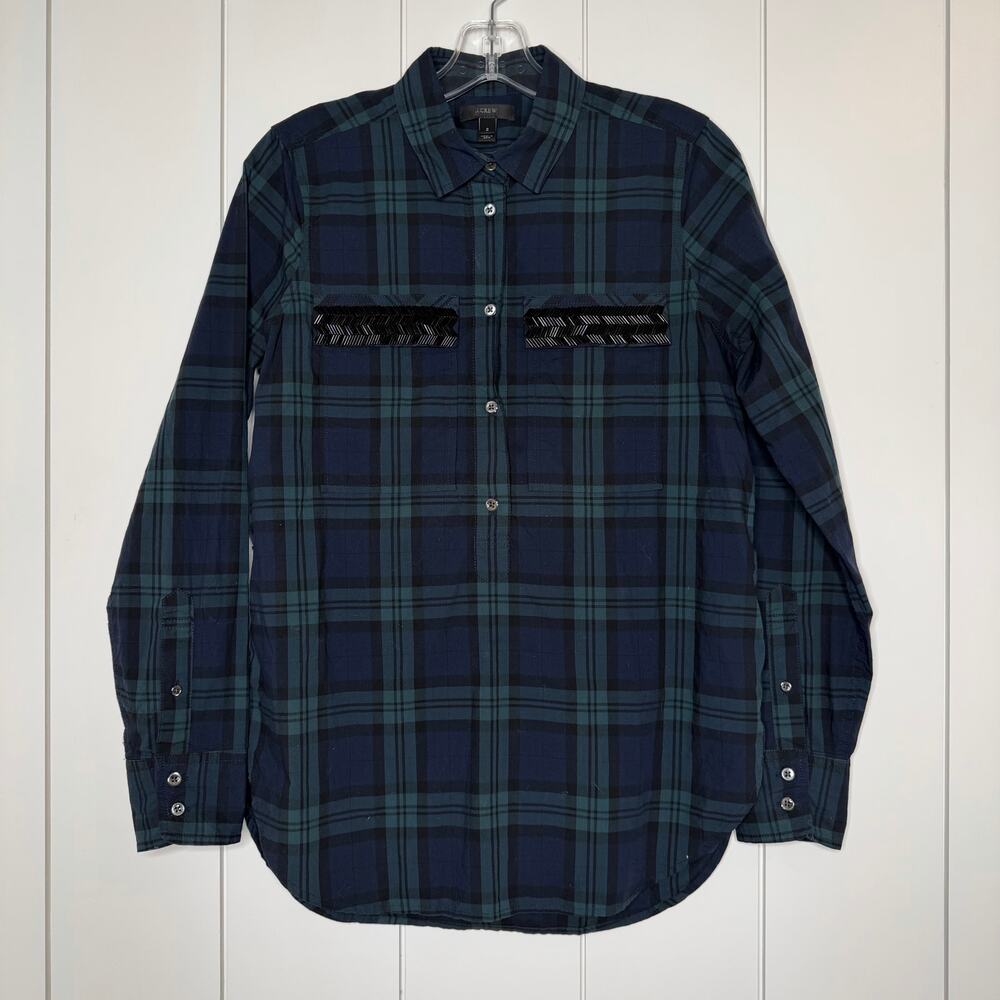 J.Crew Plaid Button Shirt Women’s 2 Bugle Bead Pocket Blue Green
